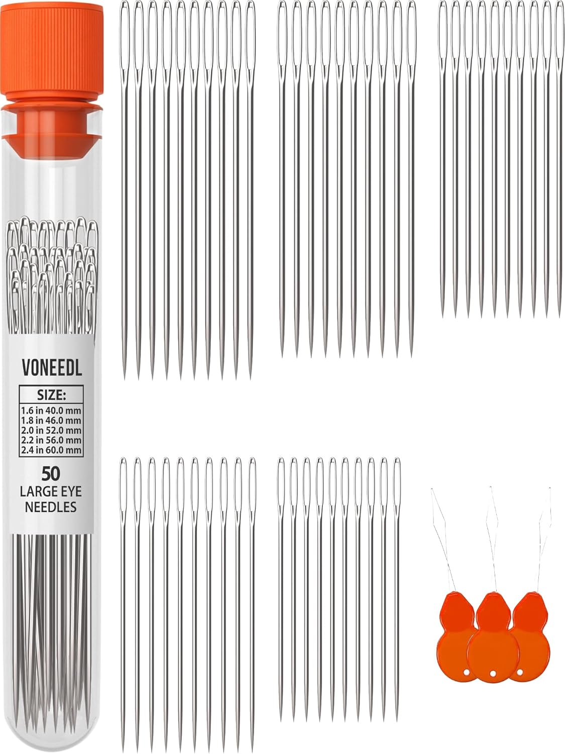 50 Large Eye Heavy Duty Needles - 5 Sizes Easy to Thread Sharp Point Needles Perfect for Hand Sewing, Knitting, Crewel Darning, Crafting, and DIY