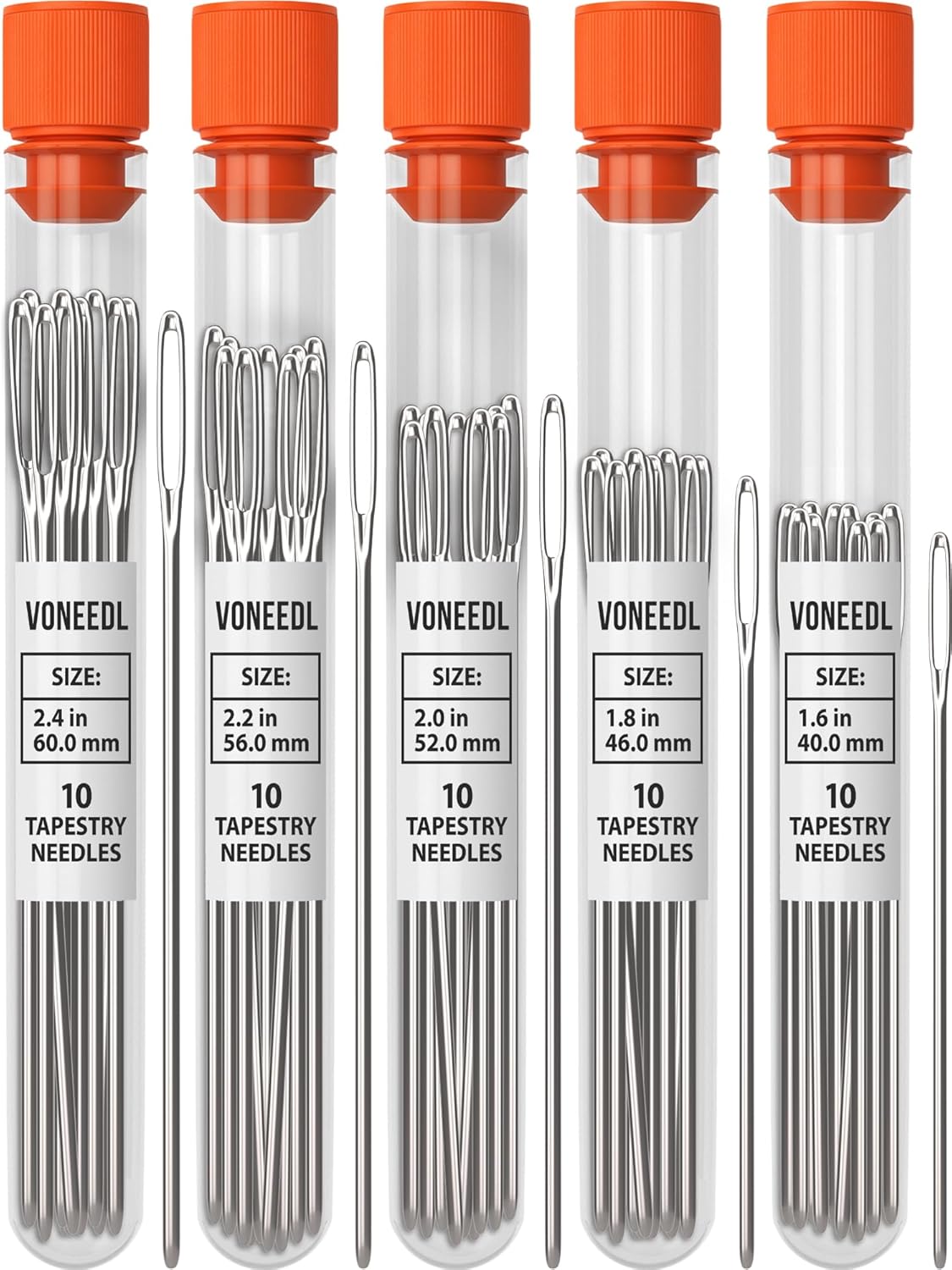 Large Eye Blunt Tapestry Needles (Pack of 50) - 5 Sizes with 5 Storage Tubes - Perfect for Darning, Embroidery, Cross-Stitching, Needlepoint, Crafting, Knitting, Weaving, and DIY