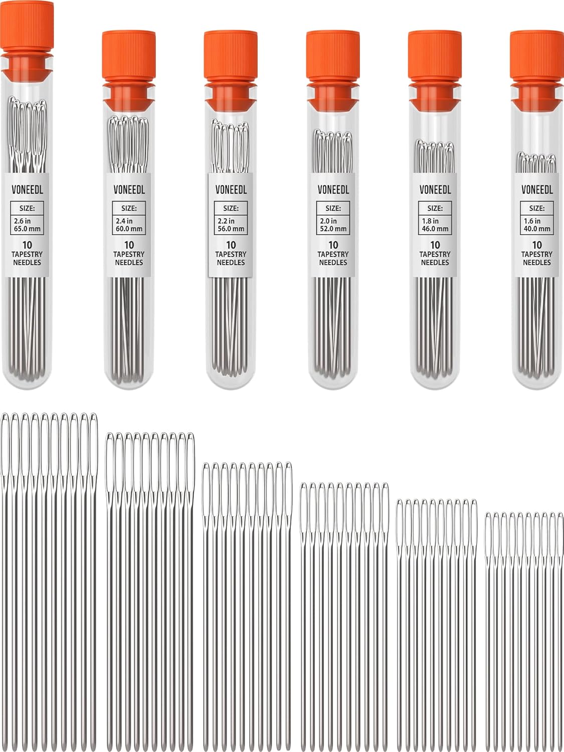 Large Eye Blunt Tapestry Needles (Pack of 60) - 6 Sizes with 6 Storage Tubes - Perfect for Darning, Embroidery, Cross-Stitching, Needlepoint, Crafting, Knitting, Weaving, and DIY