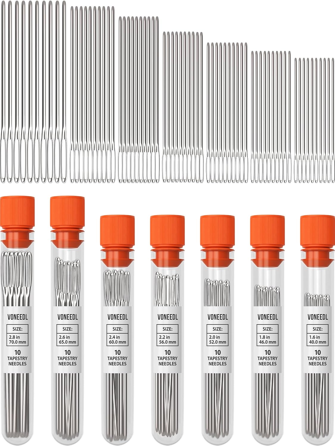 Large Eye Blunt Tapestry Needles (Pack of 70) - 7 Sizes with 7 Storage Tubes - Stainless Steel - Perfect for Darning, Embroidery, Cross-Stitching, Crafting, Knitting, Weaving, and DIY