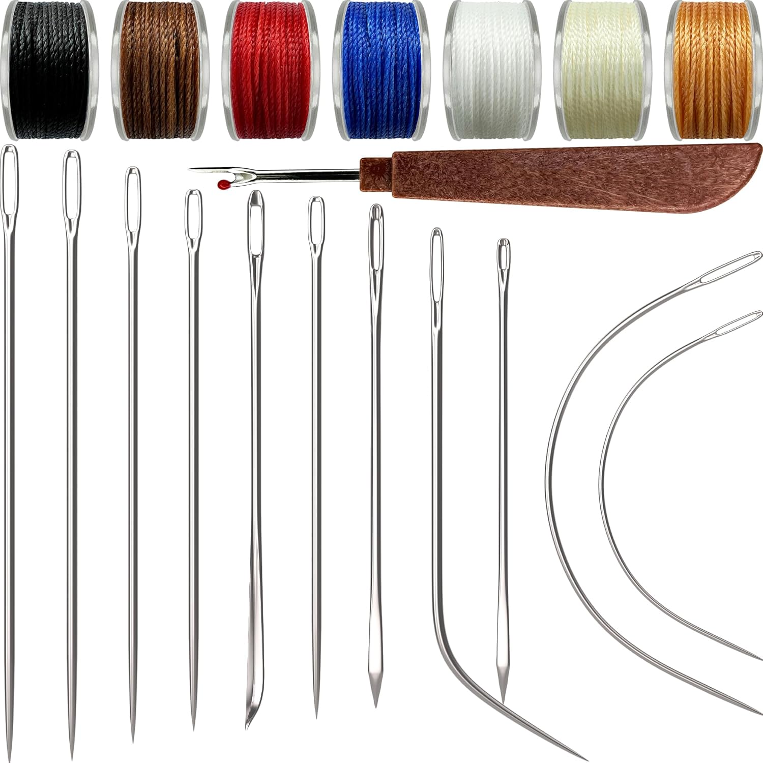 Heavy Duty Sewing Needles (11 PCS) & Waxed Thread (7 Colors) - Upholstery Repair Kit for Leather, Canvas, Quilting & More